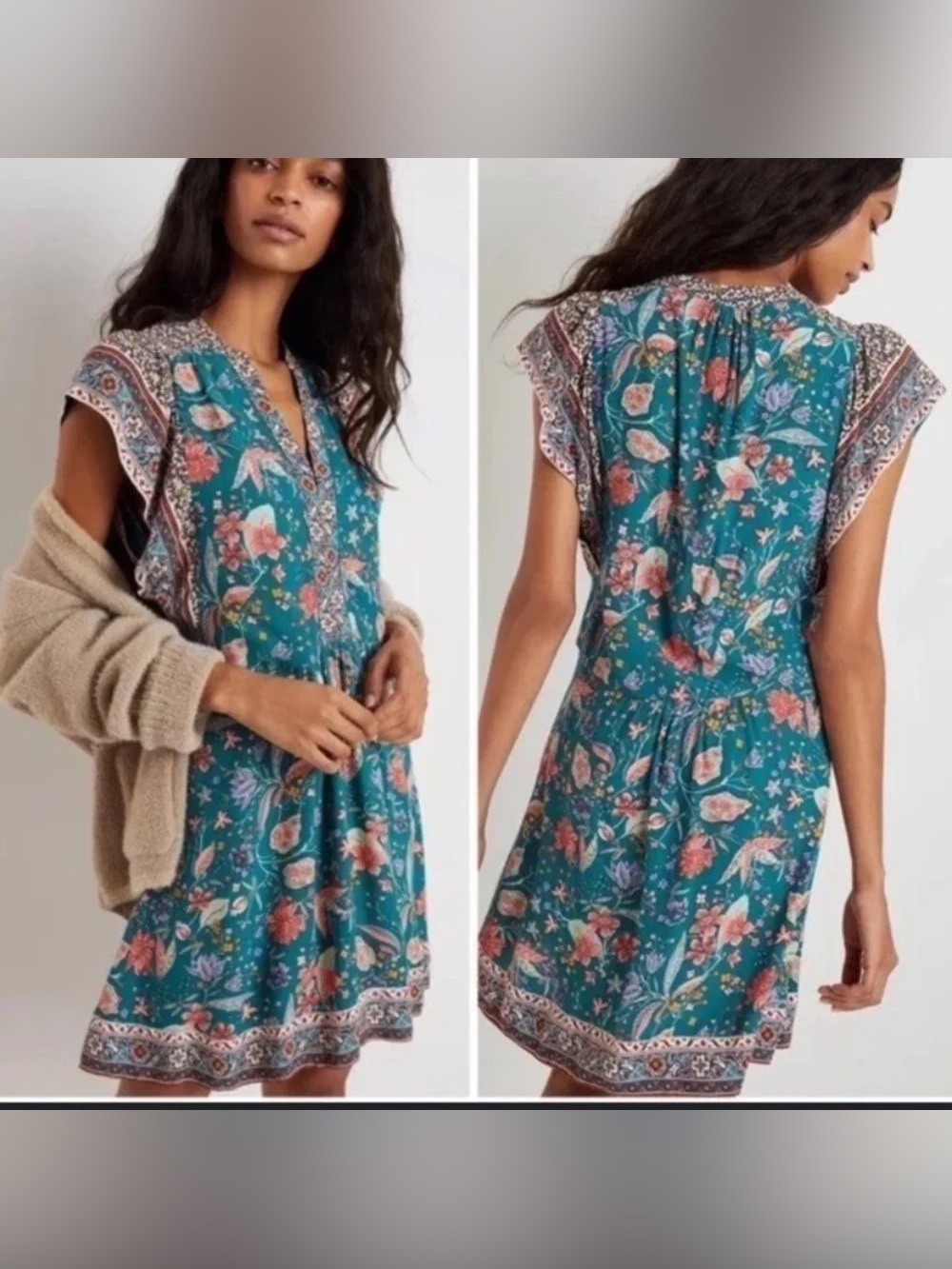 ANTHROPOLOGIE Zenia Green Pink Floral V Neck Mini Dress Size XL